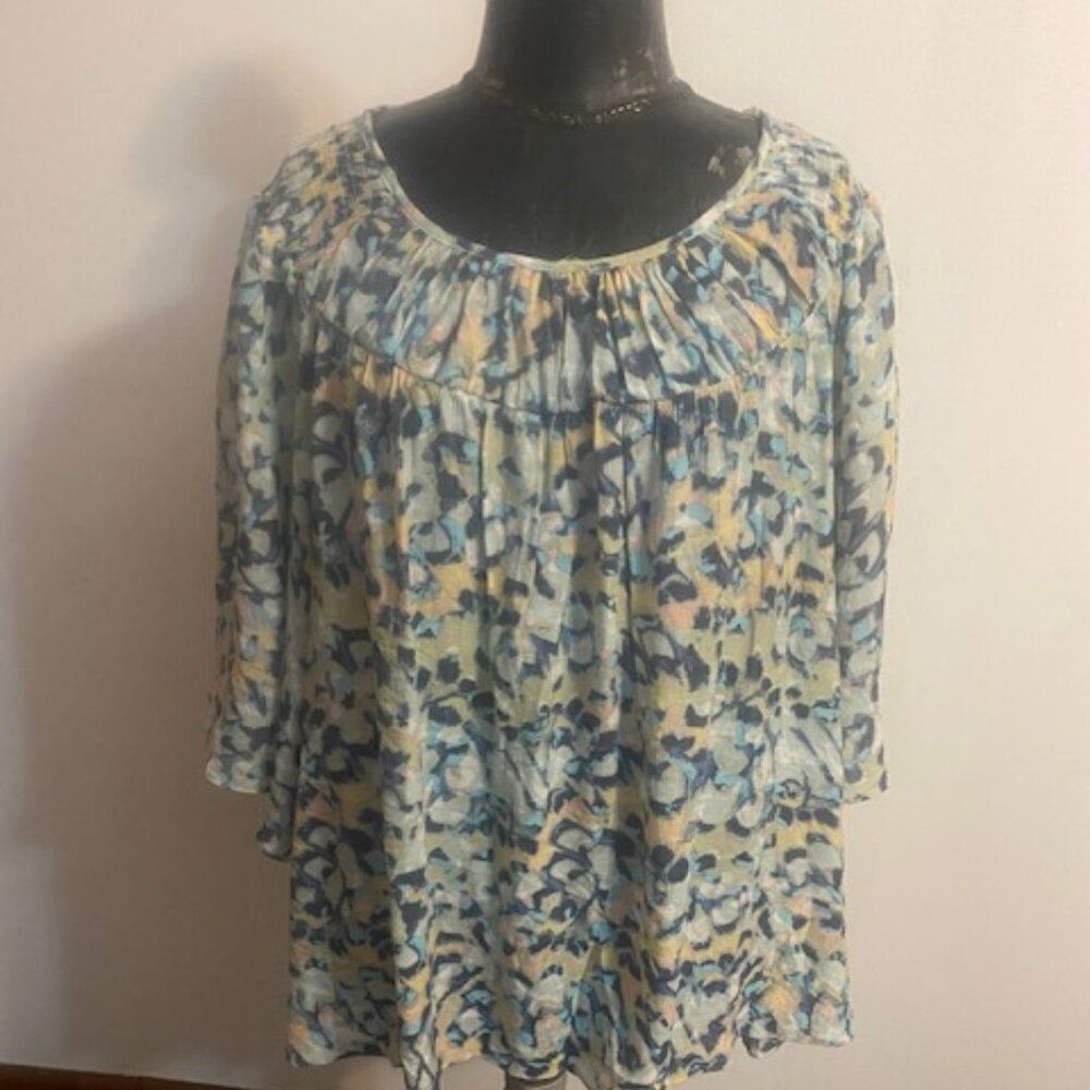 Zac & Rachel Pastel Abstract Print Smock Yoke Flutter sleeves blouse, size 3X